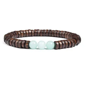 Handmade wooden disc spacer bracelet with light green center stone beads for daily wear gift