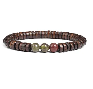 Wooden disc spacer bracelet with natural stone center beads for daily wear and DIY crafting style