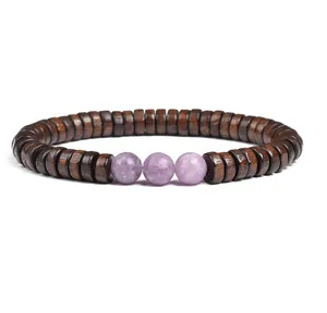 Close-up detail of the wooden spacer and purple stone beaded bracelet design showcase.