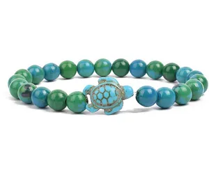 Blue green stone beaded bracelet with cute turtle charm fashion jewelry accessory for women