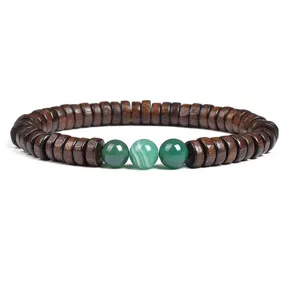 Wooden bead bracelet with green stone detail, perfect gift choice for daily wear and DIY styling.