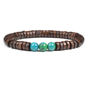 Wooden spacer beads bracelet with natural turquoise round stone charms, detailed view.