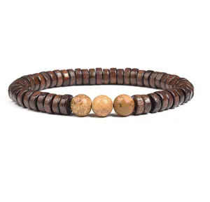 Detailed view of wooden and natural stone beaded bracelet, perfect for daily wear gifts.