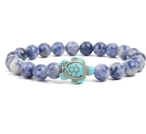 Natural blue sodalite beaded bracelet with turquoise turtle charm for daily fashion jewelry