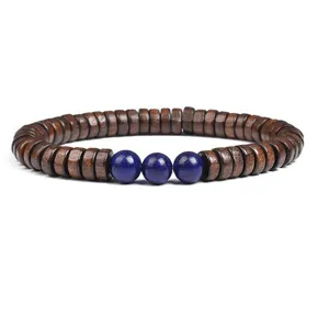 Wooden disk bead bracelet with blue stone centerpiece stylish men women jewelry gift DIY accessory