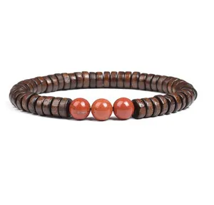 Wooden disc beads bracelet with red stone detail, elegant boho style jewelry for daily wear.