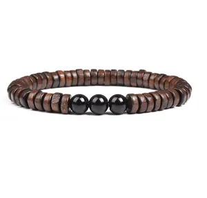 Wooden beaded bracelet with black stone charms boho wrist jewelry for men and women gift