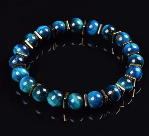 Blaues Tigerauge Edelstein Perlen Armband mit goldenen quadratischen Abstandshaltern