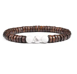 Wood disc and white stone beaded bracelet natural style unisex fashion jewelry gift