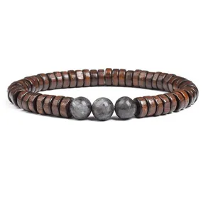 Wooden disc bead bracelet with natural stone center beads detailed shot, vintage style.