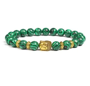 Green malachite beaded bracelet with golden Buddha head charm and spacers for men women.