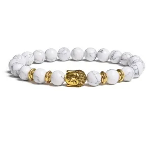 White stone beaded bracelet with golden Buddha head charm and metal spacers for daily wear.