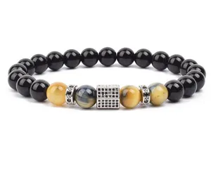 8mm Tiger Eye & Black Bead Bracelet with Micro Pave Cubic Spacer for Men Women