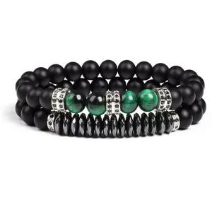 Set of 2 pcs 8mm tiger eye stone faceted hematite rhinestone spacer beaded bracelet detail