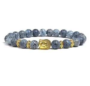 Blue crackled agate stone bead bracelet with gold Buddha head and metal spacer charms for men women.