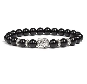 8mm black stone bead bracelet with silver Buddha head charm and metal spacer, unisex gift.