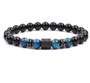 8mm beaded bracelet with micro pave spacer and blue tiger eye stones for men and women.