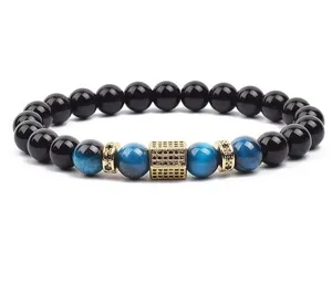 Details of blue tiger eye beaded bracelet with gold micro-pave cube spacer for men and women.