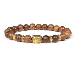 Wooden Buddha Head Beaded Bracelet with Gold Spacers Men Women Prayer Meditation Jewelry