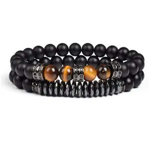 Two-piece set 8mm tiger eye faceted hematite beaded bracelet with micro-inlaid metal spacers