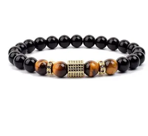 8mm Yellow Tiger Eye And Black Stone Beaded Bracelet With Micro-Pave Gold Cube Main View