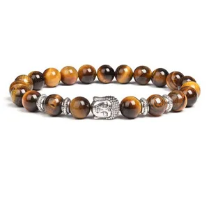 Tiger eye stone beaded bracelet with Buddha head charm spiritual jewelry for men and women