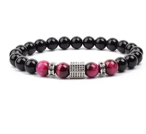 Natural stone beaded bracelet with micro-pave silver spacer blocks for men and women daily wear.
