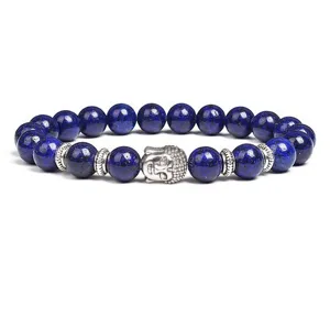 Natural Lapis Lazuli Buddha Head Beaded Bracelet Men Women Yoga Meditation Jewelry Gift
