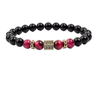 Beaded gemstone bracelet with cubic pave charm and stylish metal spacers for men and women.