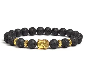8mm black lava stone beaded bracelet with gold Buddha head and metal spacer charms for men women