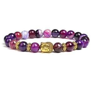 Purple agate bead bracelet with golden buddha head charm and metal spacers for daily wear.