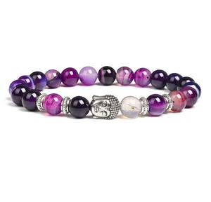Close-up detail of purple agate beaded bracelet featuring silver Buddha head charm and metal spacers.