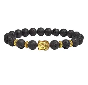 Black lava stone beaded bracelet with golden Buddha head and metal spacer rings for men women