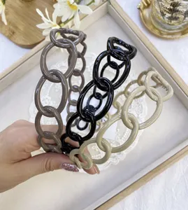 Close-up of glossy plastic chain link headbands in multiple colors