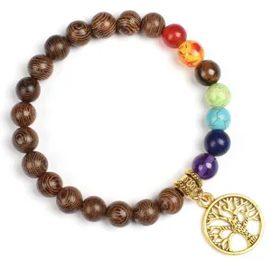 8mm Wood Bead Chakra Bracelet Tree of Life Pendant Natural Stone Yoga Healing Jewelry Gift