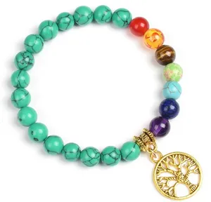 8mm Turquoise Chakra Beads Bracelet with Gold Tree of Life Pendant Yoga Healing Jewelry