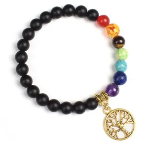 Chakra beaded bracelet with 8mm matte black stones, colorful chakra beads and tree of life pendant.