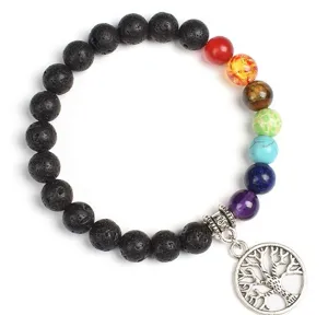 8mm lava stone chakra bead bracelet with silver tree of life pendant for healing yoga jewelry