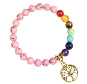 Colorful chakra gemstone beaded bracelet with gold tree of life pendant for women daily wear