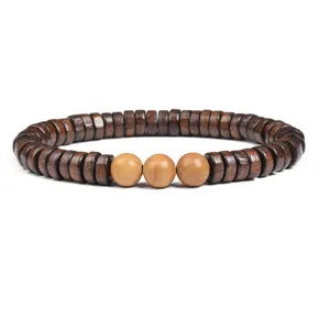 Wooden spacer bead bracelet with three center round beads, retro vintage jewelry gift DIY.