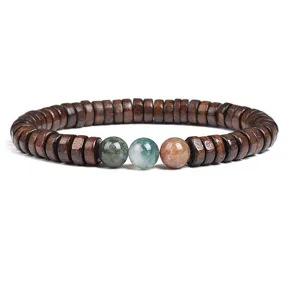 Wooden disk bead bracelet with natural gemstone center beads vintage style unisex jewelry accessory