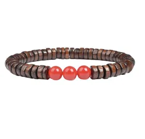 Wooden bead bracelet with red stone charms, 8mm natural style DIY fashion jewelry gift for men.
