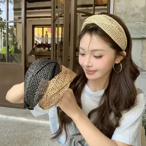 Serre-tête en Tissu Aspect Paille Style Vacances avec Nœud Croisé Fait à la Main Tissé Design Haut pour Femmes Bijoux