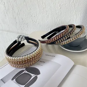 Elegant PU leather headbands with intertwined gold alloy chain details in multiple chic colors.