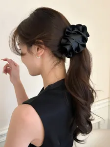 Elegant black satin pleated flower banana hair clip for women's ponytail hair styling