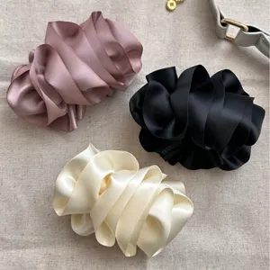 Elegant satin pleated flower banana hair clips set in pink black and cream white