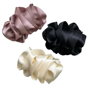 Elegant pleated satin ribbon bubble flower banana hair clips in multiple colors for women's updos