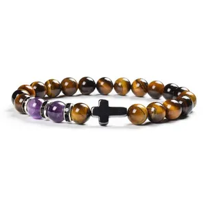 Tiger eye stone bead bracelet with cross charm natural gemstone jewelry gift for unisex