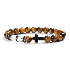 Detailed view of the 8mm yellow tiger eye and white quartz cross bracelet bead gift.