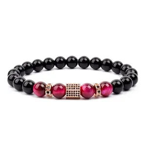 Natural Tiger Eye Stone Beaded Bracelet With Rhinestone Square Charm Adjustable Beaded Jewelry Gift For Women Men